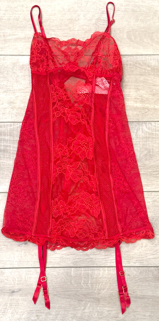 NEW VICTORIA'S SECRET RED MIXED SHEER & LACE MINI SLIP DRESS GARTERS SIZE SMALL